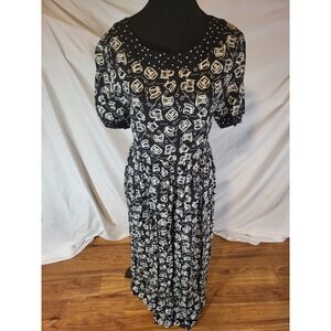 Vintage Sigrid Olsen Black & White Coffee Cup Design Novelty Midi Dress Rayon S